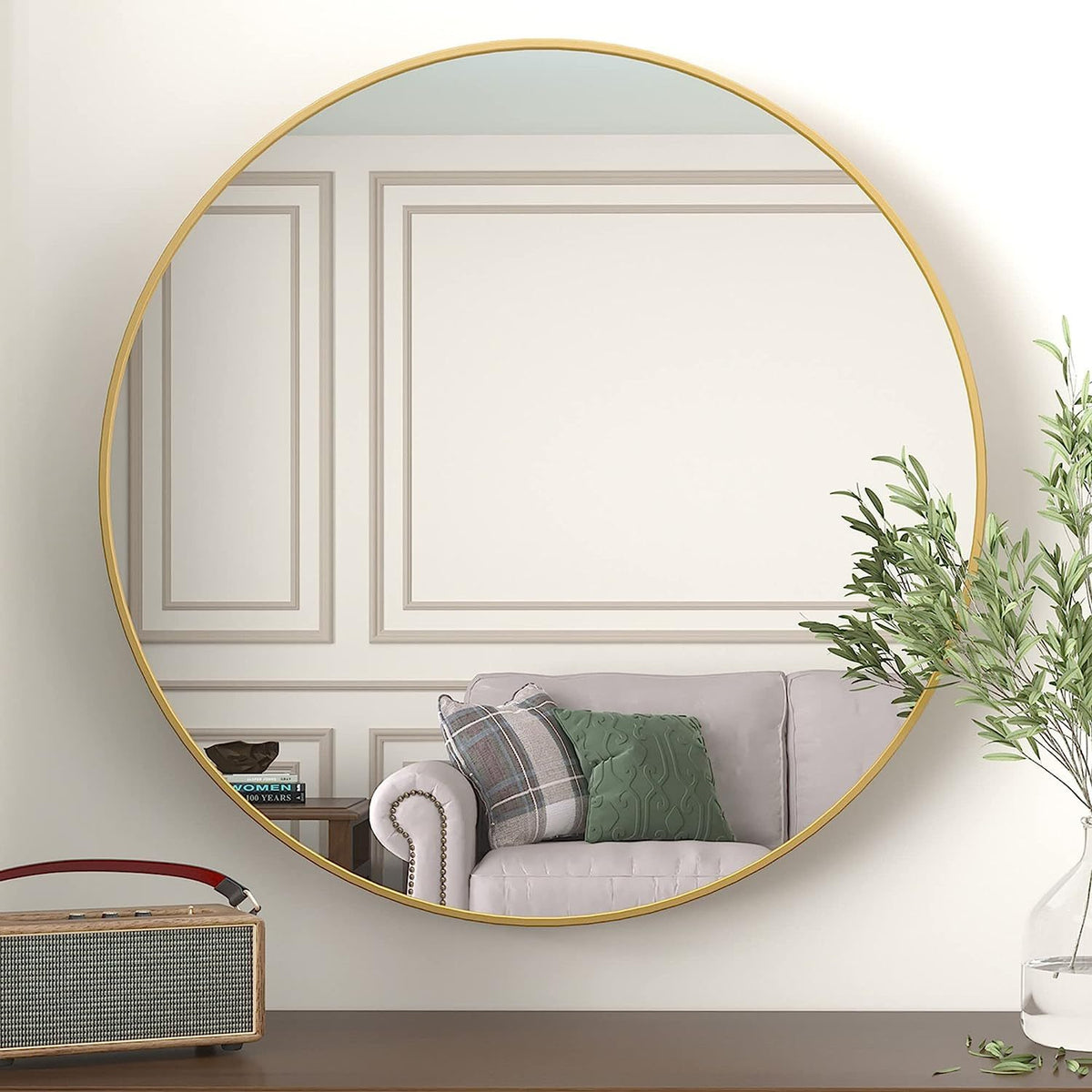 Brushed aluminum round mirror from Anthony & Home Classic Collection, modern wall mirror with sleek metallic finish.