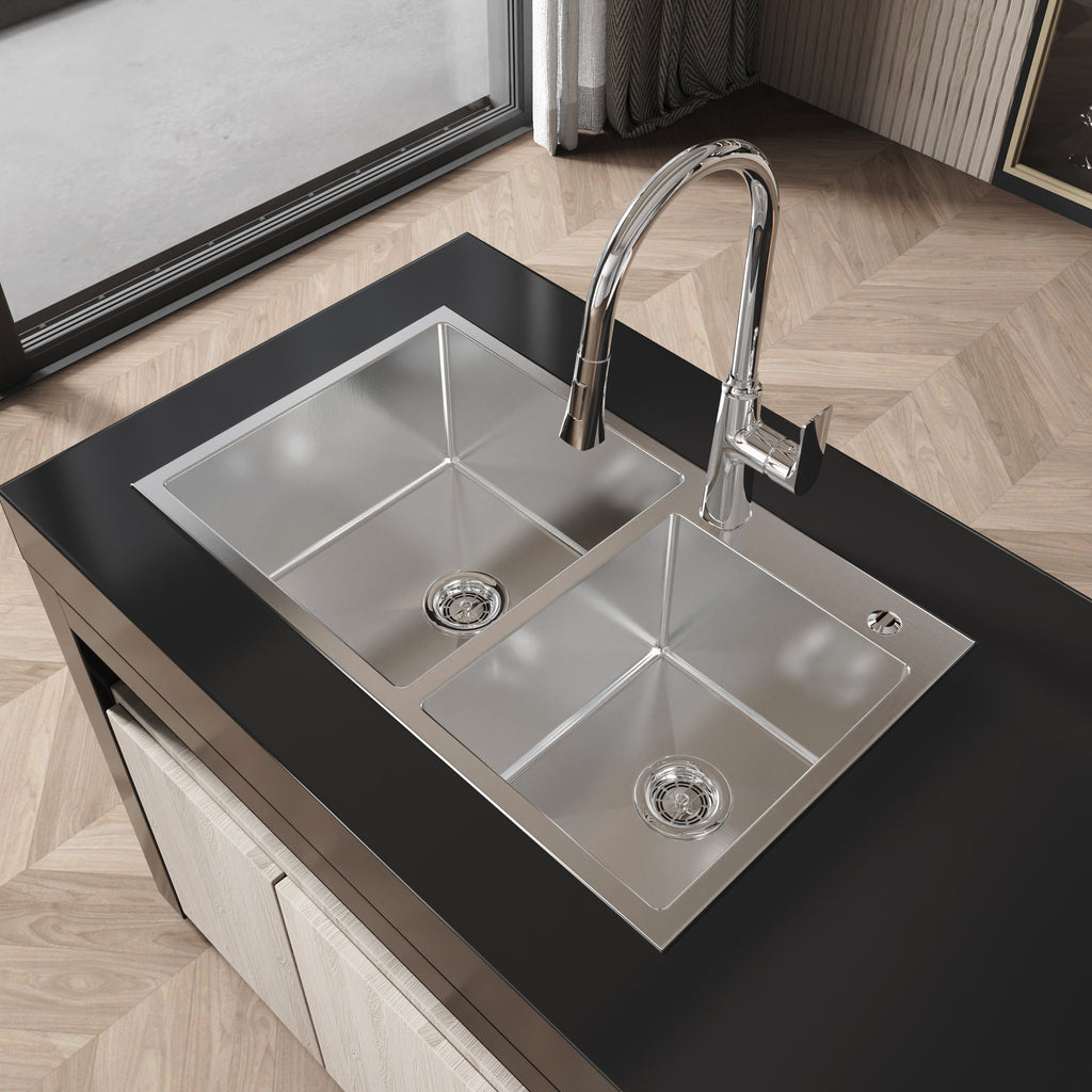 Anthony & Home brushed nickel stainless steel kitchen sink with double bowls, 32x19 inches, from the Studio Collection
