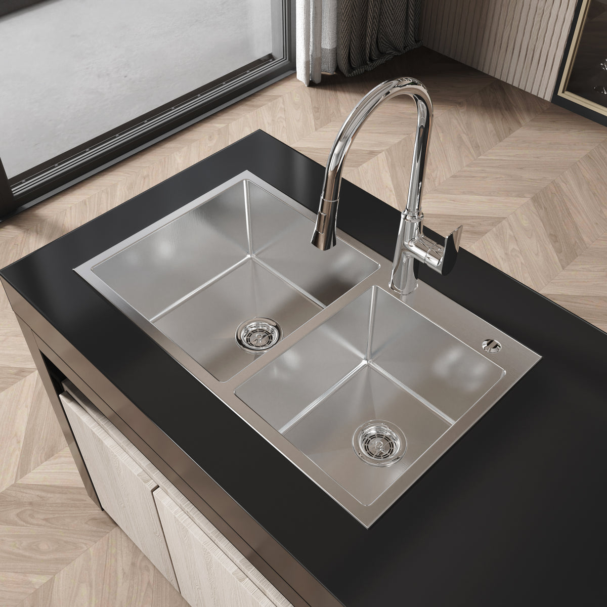Anthony & Home brushed nickel stainless steel kitchen sink with double bowls, 32x19 inches, from the Studio Collection
