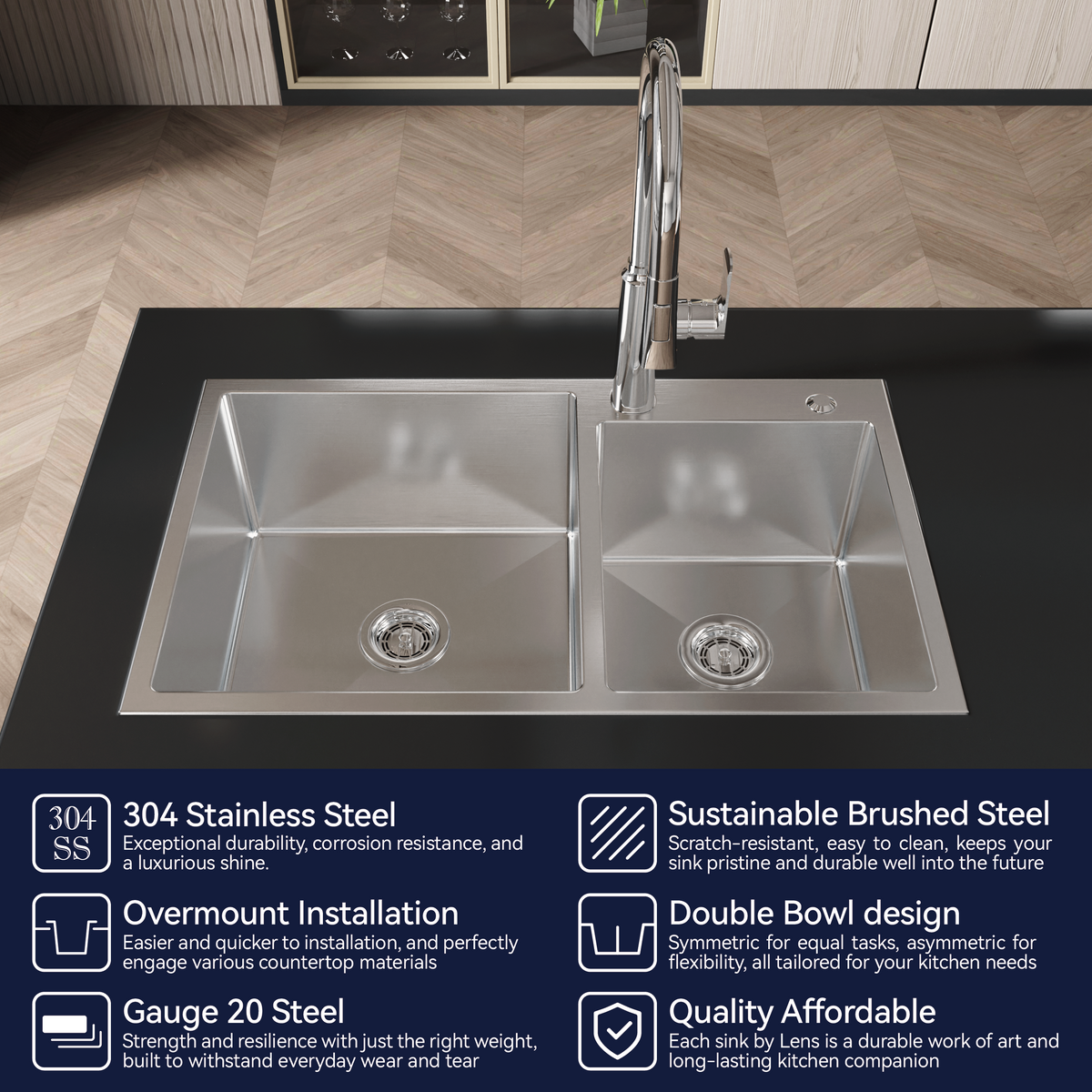 Brushed nickel stainless steel kitchen sink with double bowls, 32x19 inches from Anthony & Home Studio Collection.