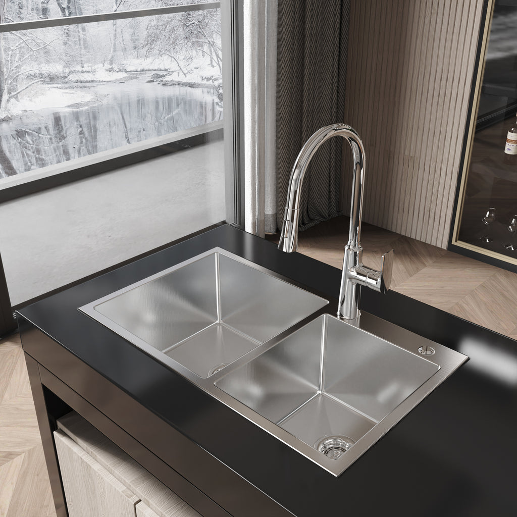 Double bowl brushed nickel stainless steel kitchen sink, 32x19 inches, from Anthony & Home Studio Collection, featuring sleek modern design.