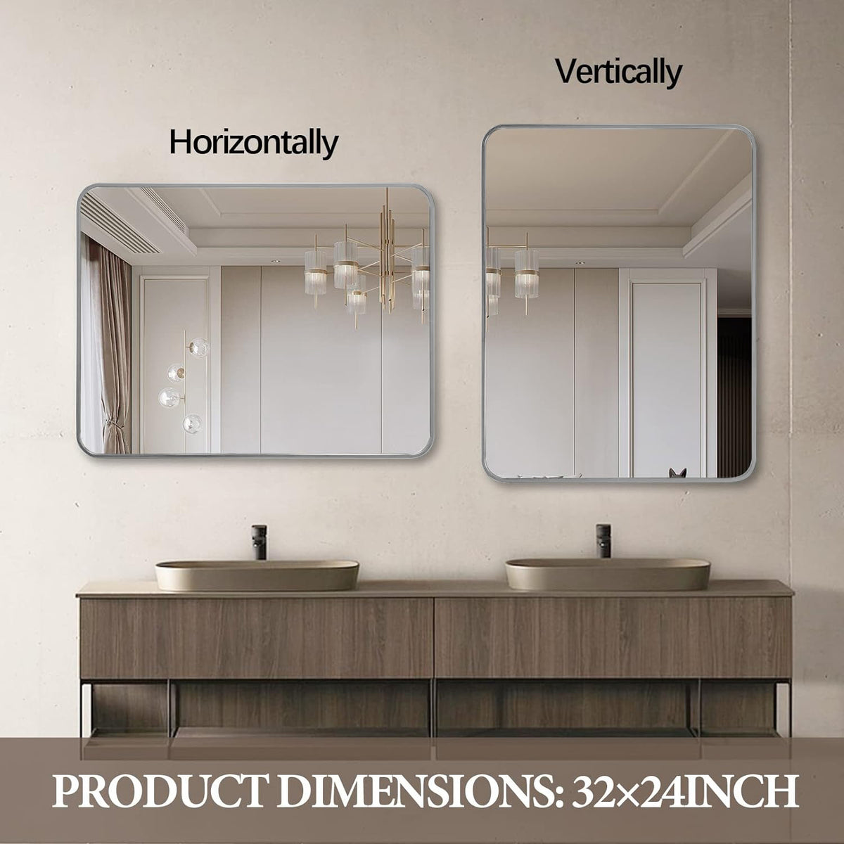 Brushed silver aluminum framed bathroom mirror, 24x32 inches, with sleek modern design for contemporary bathroom decor
