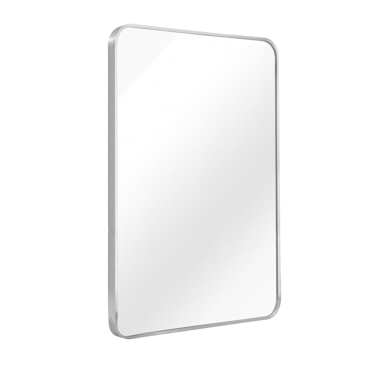 Brushed silver aluminum framed bathroom mirror, 24x32 inches, with sleek modern design, reflecting a clean, bright bathroom space.