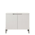 Carrara White Quartz freestanding countertop with cabinet by Anthony & Home, showing a sleek white surface and storage space.