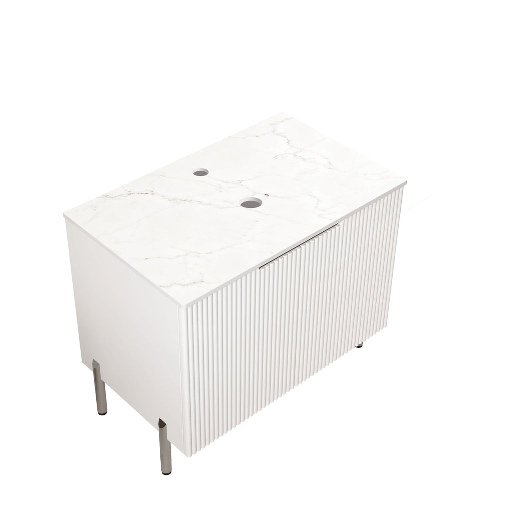 Carrara white quartz freestanding countertop with cabinet, featuring sleek design and smooth surface by Anthony & Home.