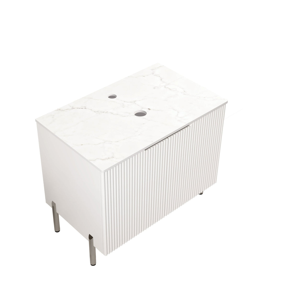 Carrara white quartz freestanding countertop with cabinet, featuring sleek design and smooth surface by Anthony & Home.
