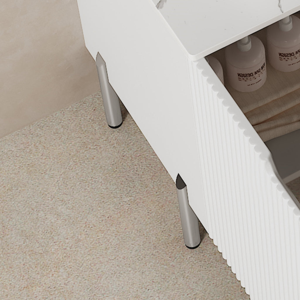 Carrara White Quartz freestanding countertop with cabinet, featuring sleek white surface and modern storage design by Anthony & Home