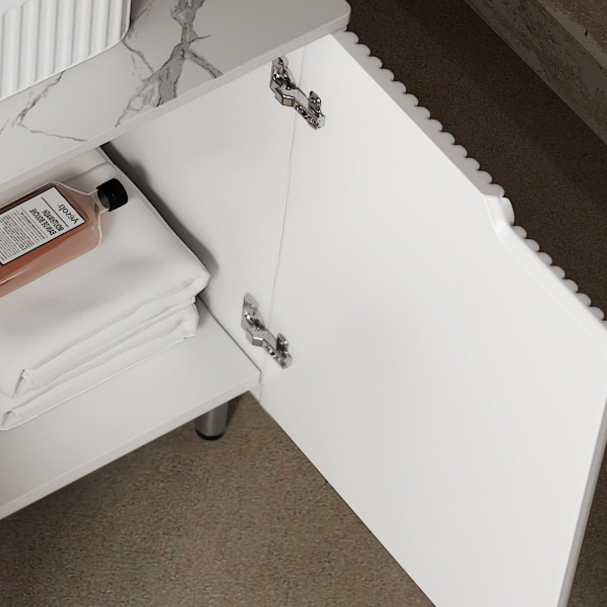 Carrara White Quartz freestanding countertop with cabinet by Anthony & Home, showcasing a sleek white surface and storage space.