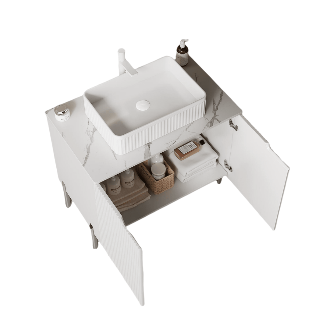 Carrara White quartz freestanding countertop with cabinet, showcasing smooth surface and elegant storage solution.