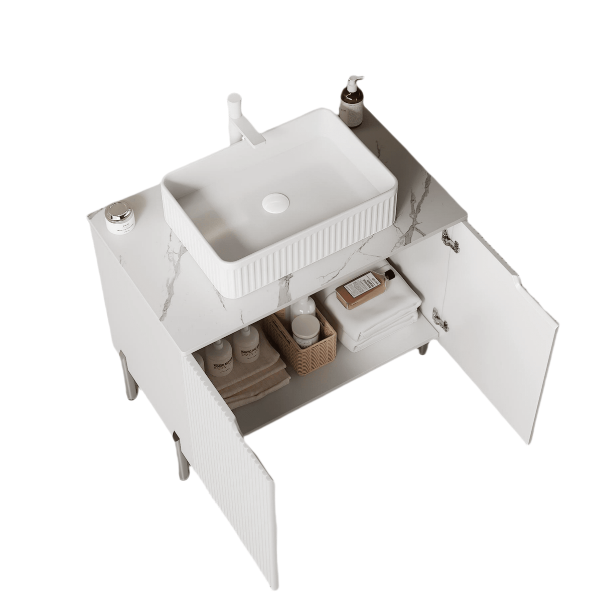 Carrara White quartz freestanding countertop with cabinet, showcasing smooth surface and elegant storage solution.