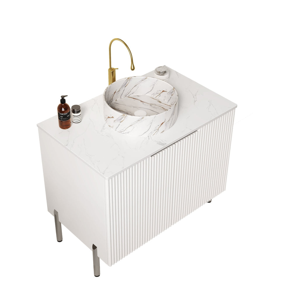 Carrara White quartz freestanding countertop with cabinet, featuring sleek design and durable surface from Anthony & Home.