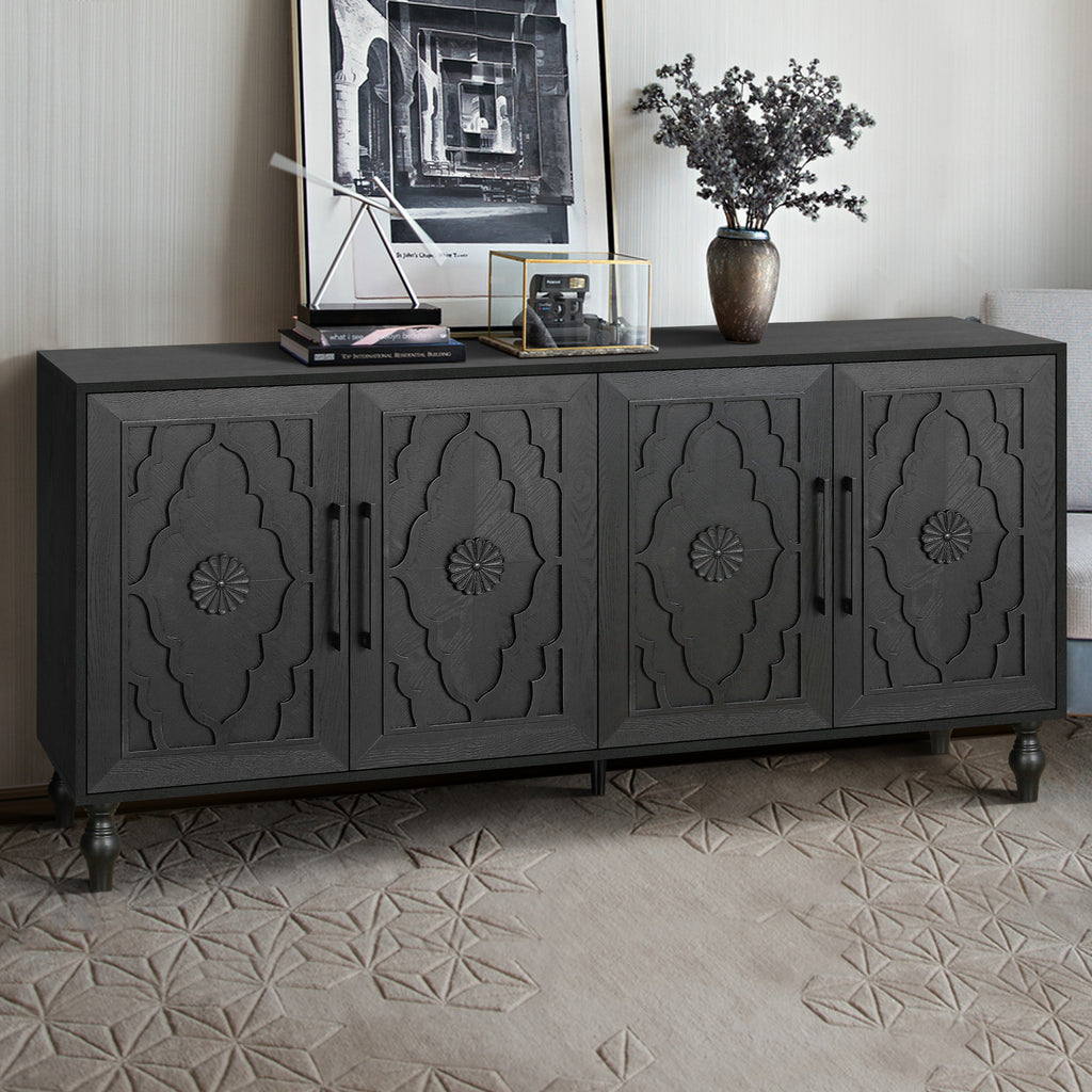 Black carved flower Anthony & Home studio storage cabinet with intricate floral detailing and multiple storage compartments.