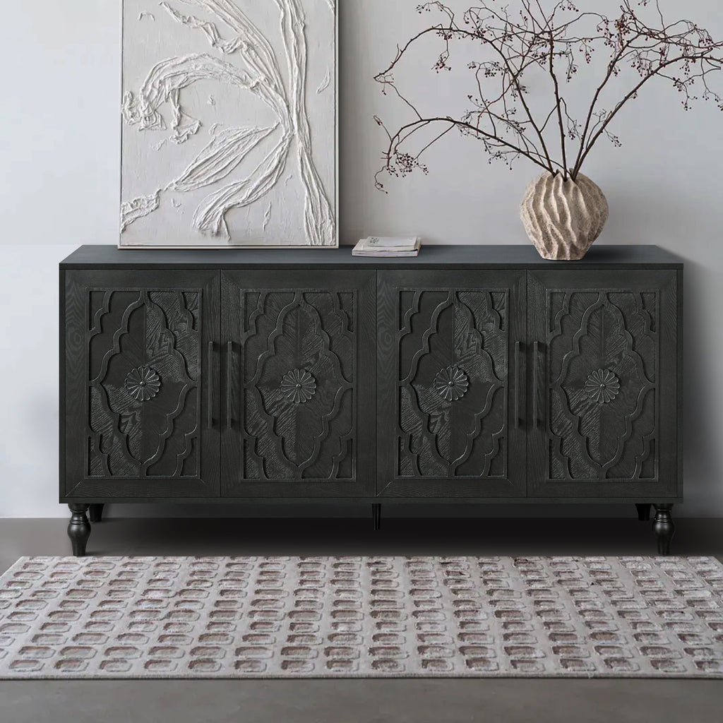 Black carved flower studio storage cabinet by Anthony & Home, featuring intricate floral carvings and compact storage space.