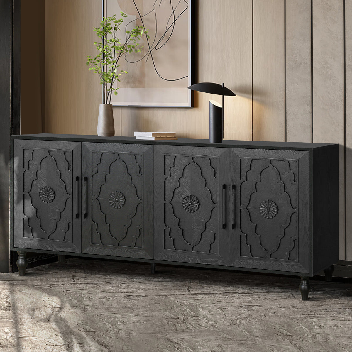 Black carved flower studio storage cabinet by Anthony & Home showing intricate floral carved details and sturdy wooden construction.