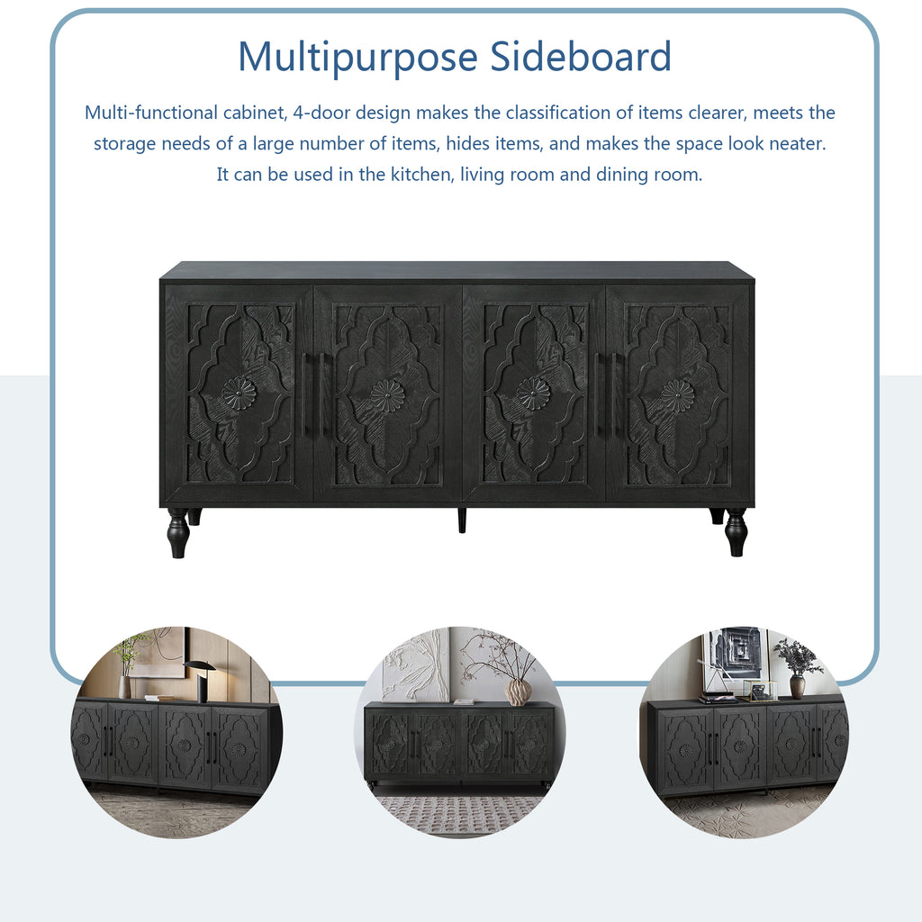 Black carved flower studio storage cabinet by Anthony & Home, featuring intricate floral carvings and compact storage space.