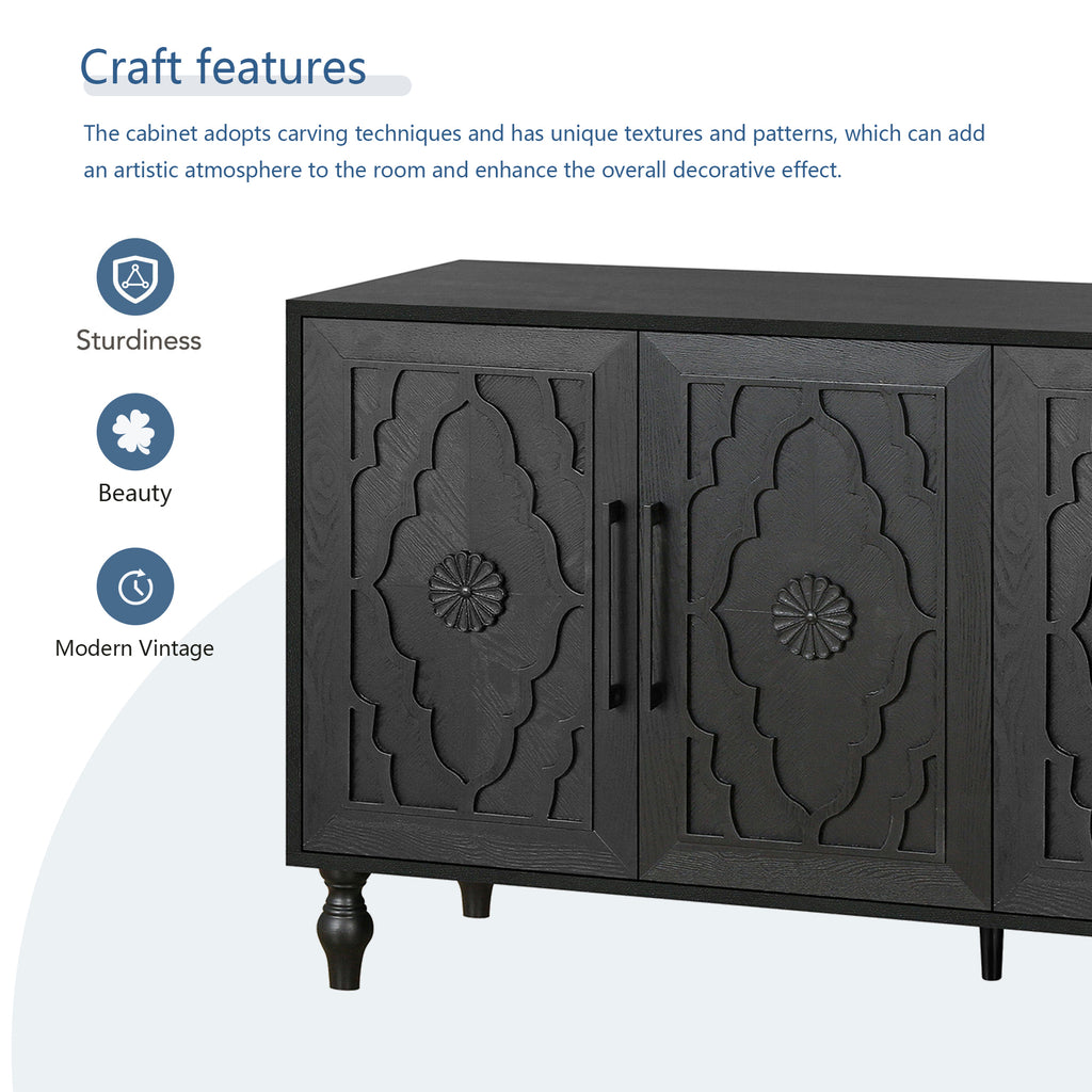 Carved flower black studio storage cabinet by Anthony & Home with intricate floral carvings and sleek black finish.