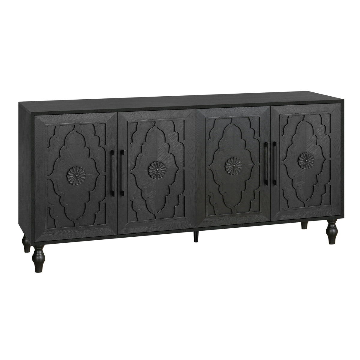 Black carved flower studio storage cabinet by Anthony & Home with intricate floral detailing and wooden frame.