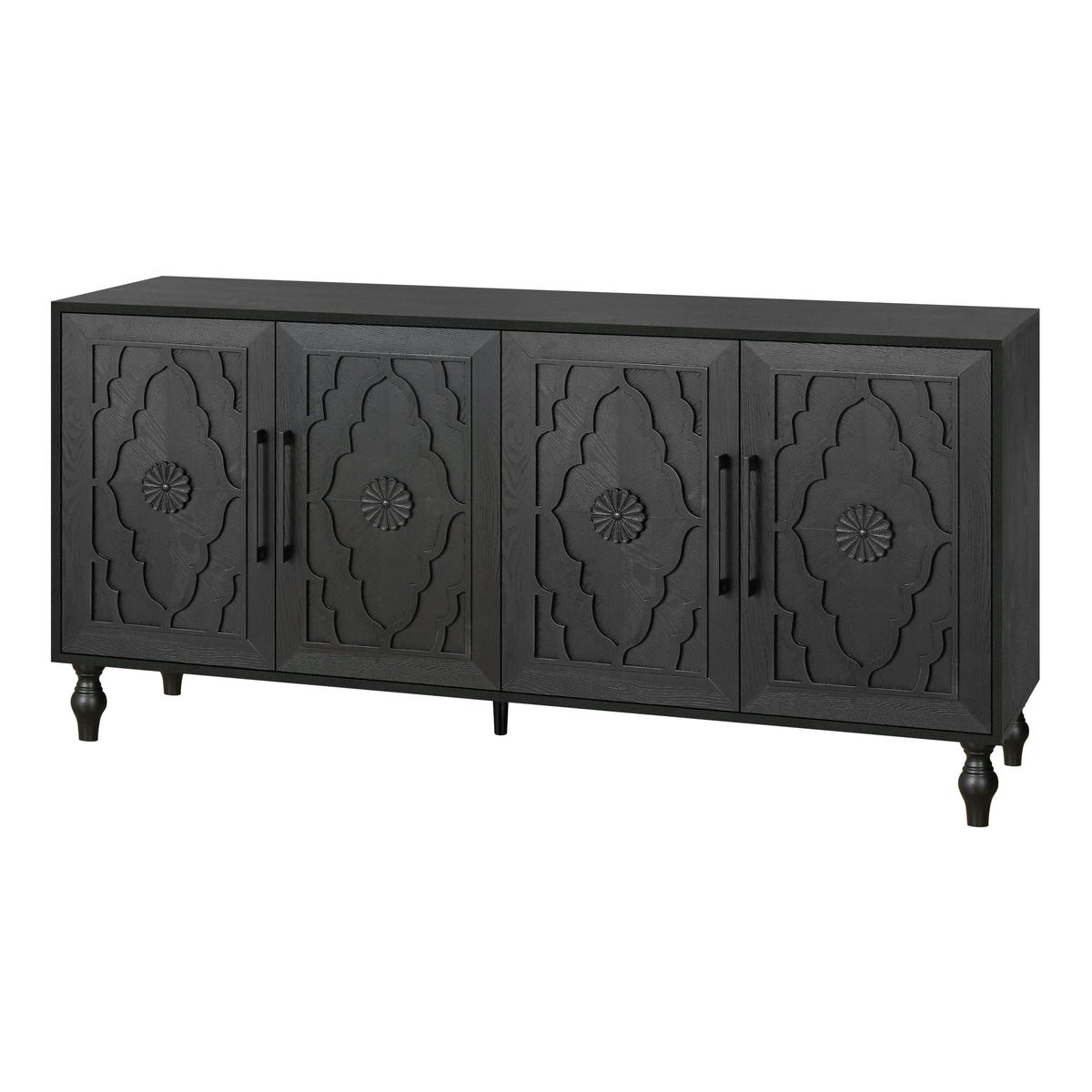 Black carved flower Anthony & Home studio storage cabinet with intricate floral details and storage compartments.