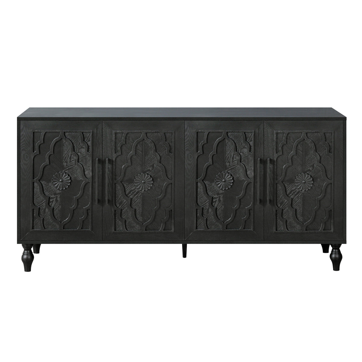 Black carved flower studio storage cabinet by Anthony & Home featuring intricate floral details and a sleek, modern design.