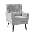Gray chenille accent chair with solid wood legs, stylish studio seating by Anthony & Home.