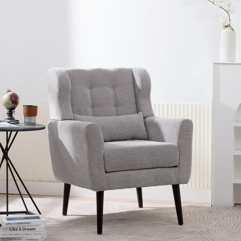 Gray chenille accent chair with solid wood legs, stylish studio furniture from Anthony & Home.