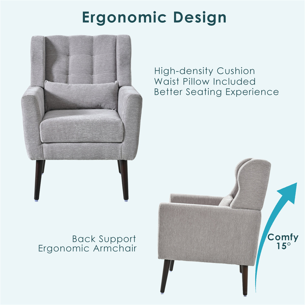 Gray chenille accent chair with solid wood legs, modern studio design by Anthony & Home.