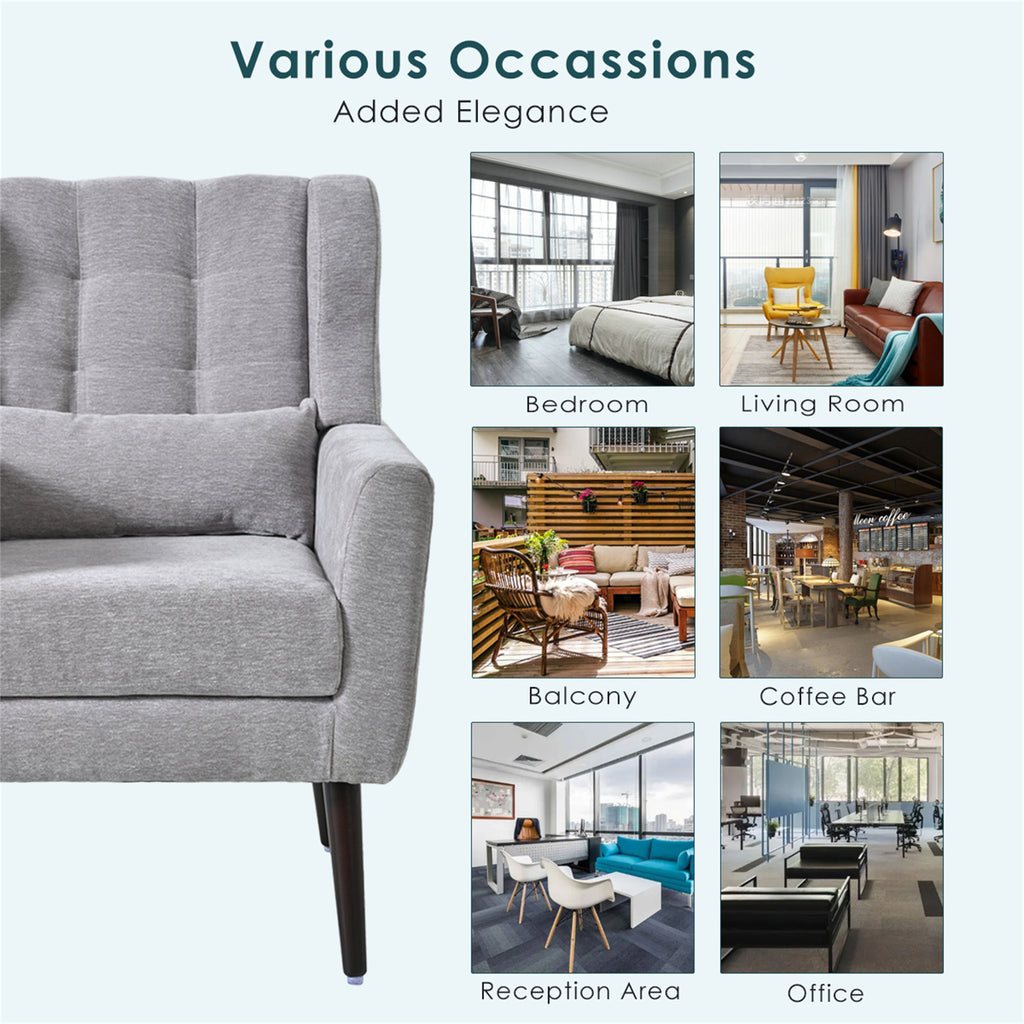 Gray chenille accent chair with solid wood legs, modern studio design by Anthony & Home.
