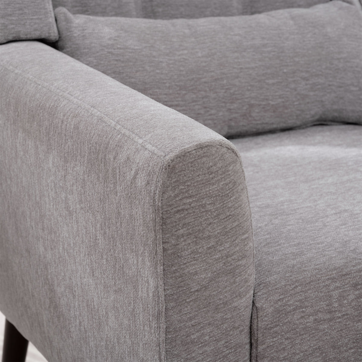 Gray chenille accent chair with solid wood legs, stylish studio furniture by Anthony & Home