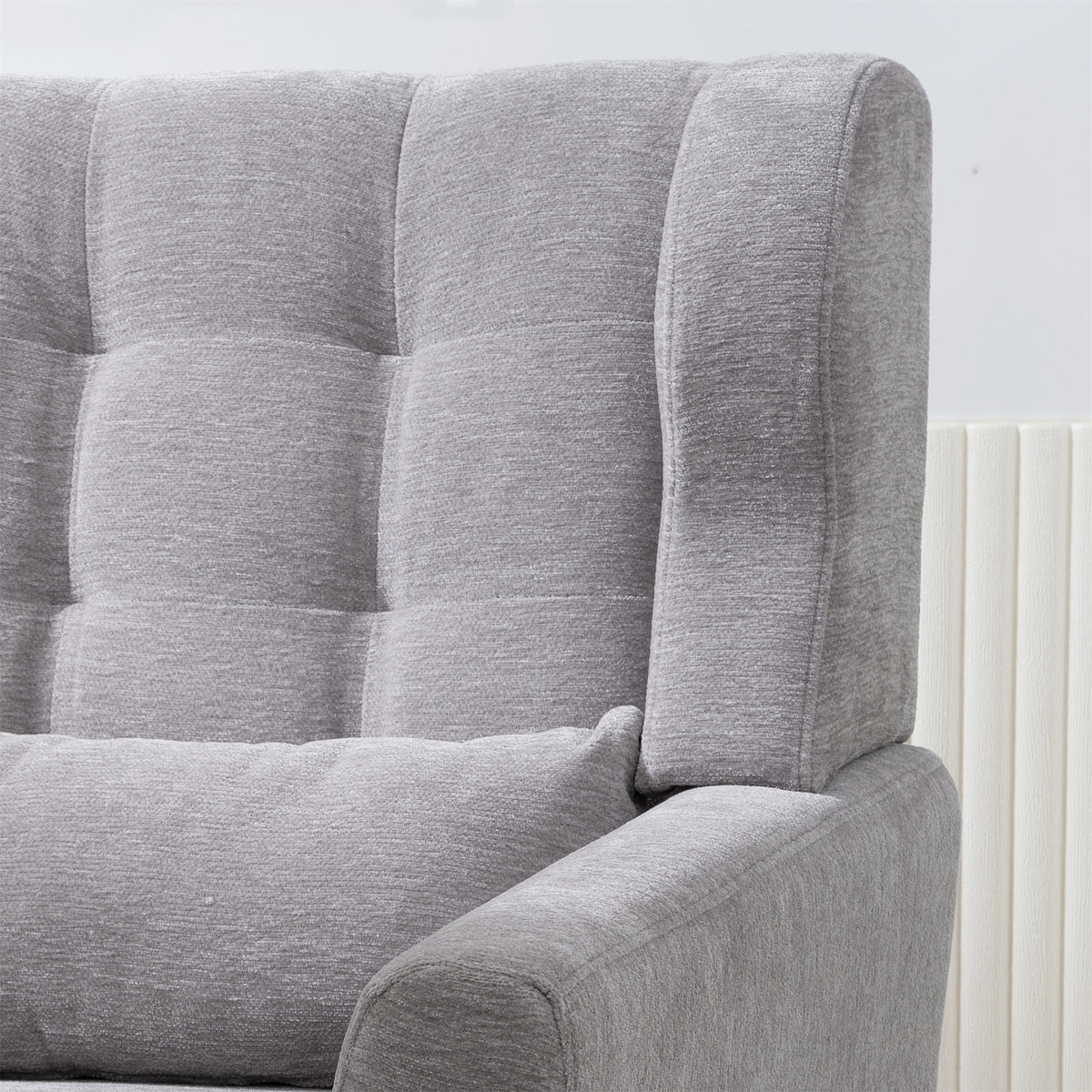 Gray Chenille Accent Chair with solid wood legs from Anthony & Home, perfect for studio or living room decor.