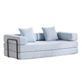 Light blue Anthony & Home Chenille Collection convertible floor sofa bed with memory foam cushions, shown in sitting and bed positions.