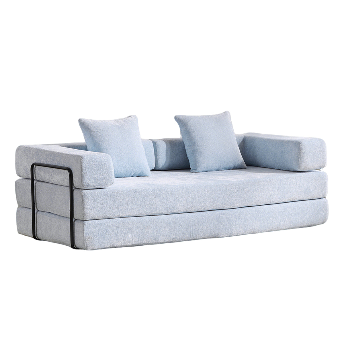 Light blue Anthony & Home Chenille Collection convertible floor sofa bed with memory foam cushions, shown in sitting and bed positions.