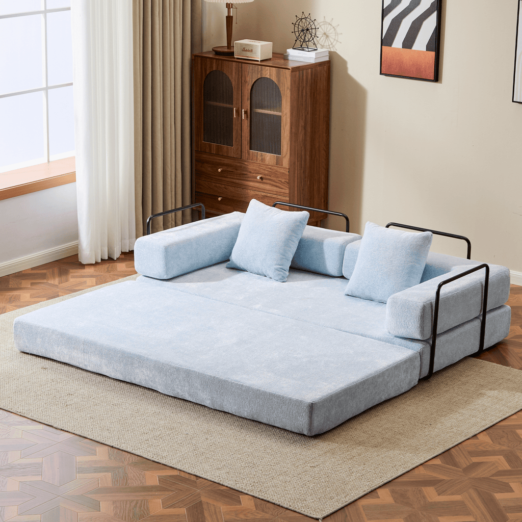 Light blue Anthony & Home Chenille Collection convertible sofa bed with memory foam cushions, showcasing its plush fabric and versatile design.