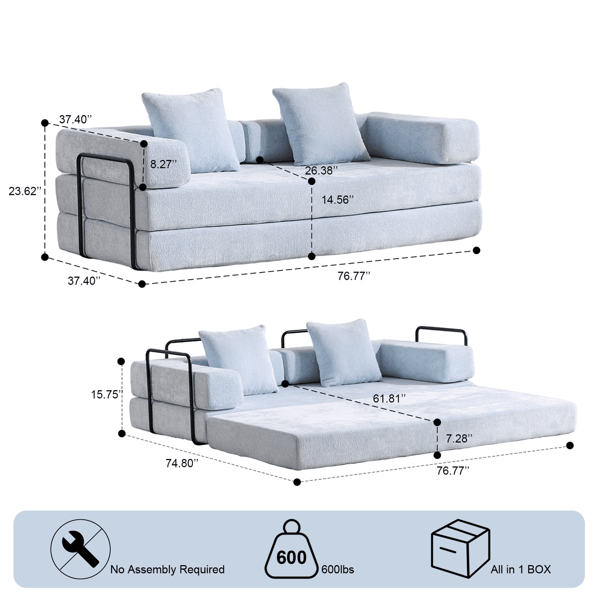 Light blue Anthony & Home Chenille Collection convertible floor sofa bed with memory foam cushions, showcasing its plush, versatile design.