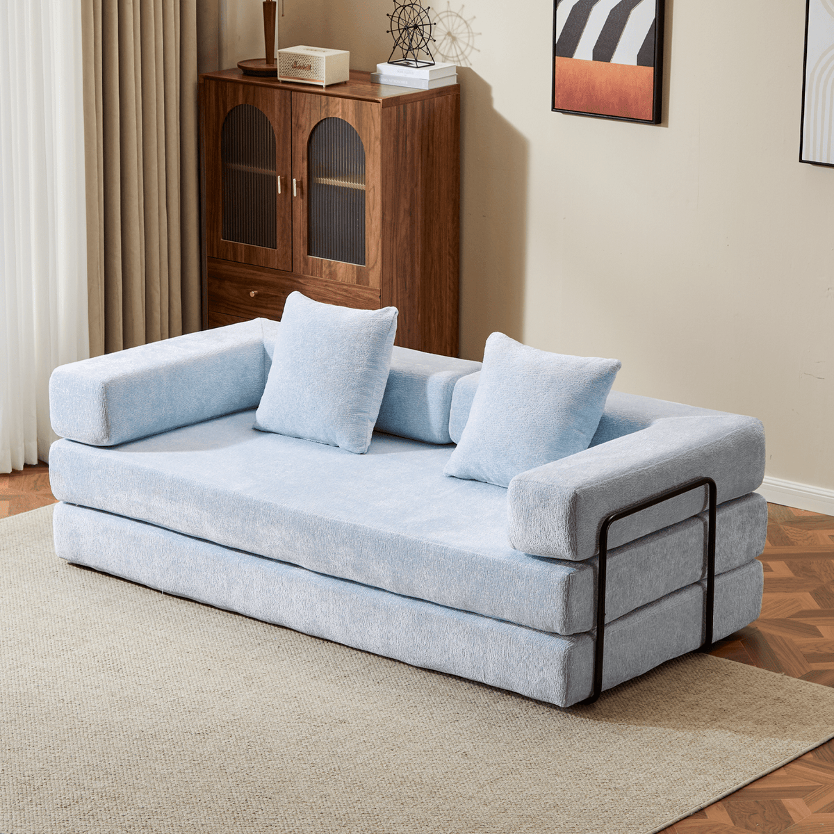 Light blue Anthony & Home Chenille Collection convertible floor sofa bed with memory foam cushions, showcasing its plush, versatile design.