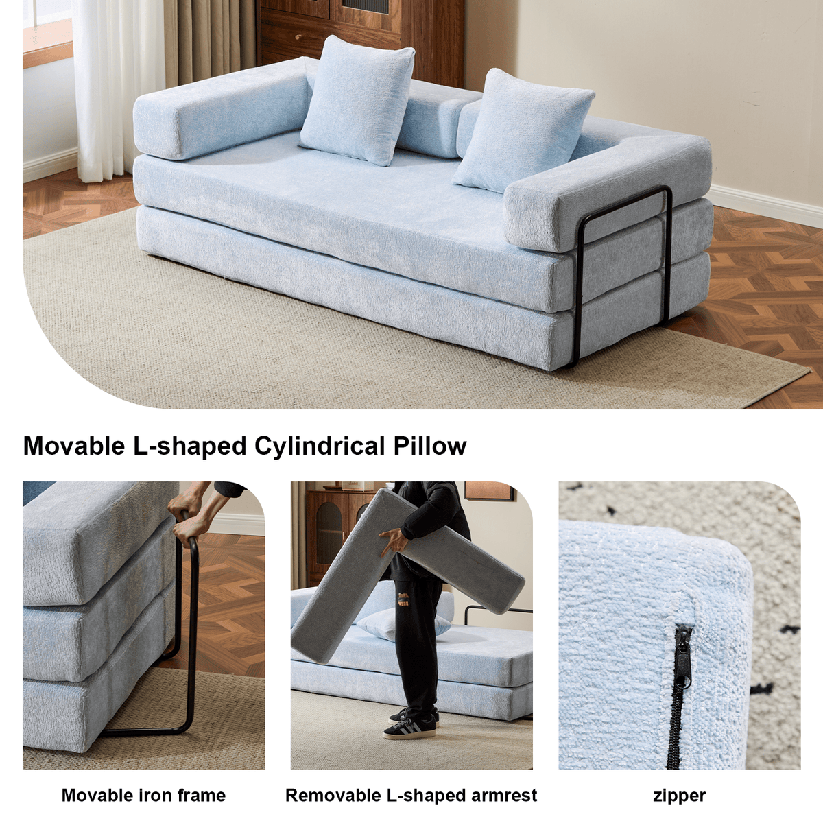 Light blue Anthony & Home Chenille Collection convertible sofa bed with memory foam cushions, showing its plush, versatile design