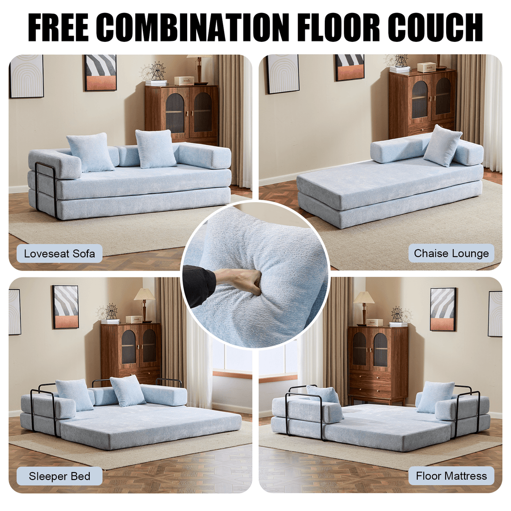 Light blue Anthony & Home Chenille Collection convertible floor sofa bed with memory foam cushions, showcasing its plush fabric and versatile design.