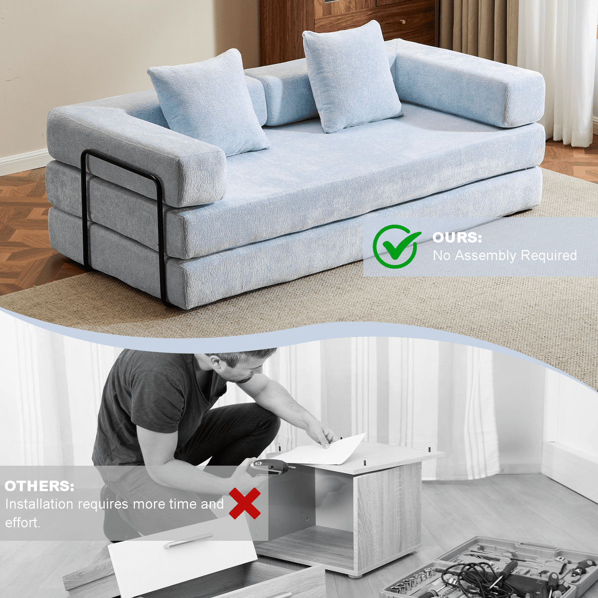 Light blue Anthony & Home Chenille Collection convertible floor sofa bed with memory foam cushions, showing its versatile design and plush fabric.