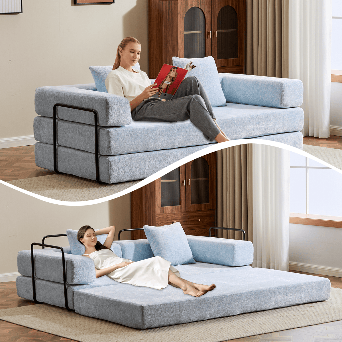 Light blue Anthony & Home Chenille Collection convertible floor sofa bed with memory foam cushions, versatile and stylish for living space.