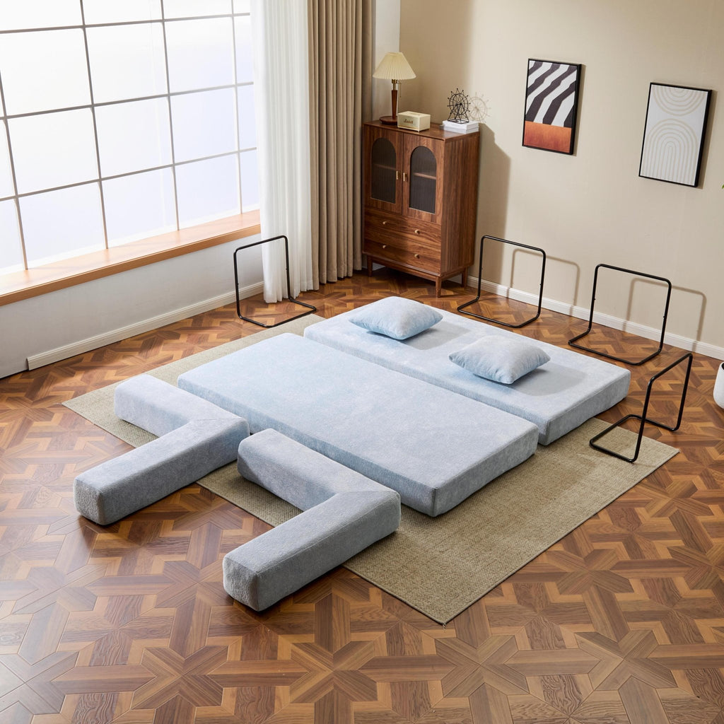 Light blue Anthony & Home Chenille Collection convertible floor sofa bed with memory foam cushions, showcasing its plush, versatile design.