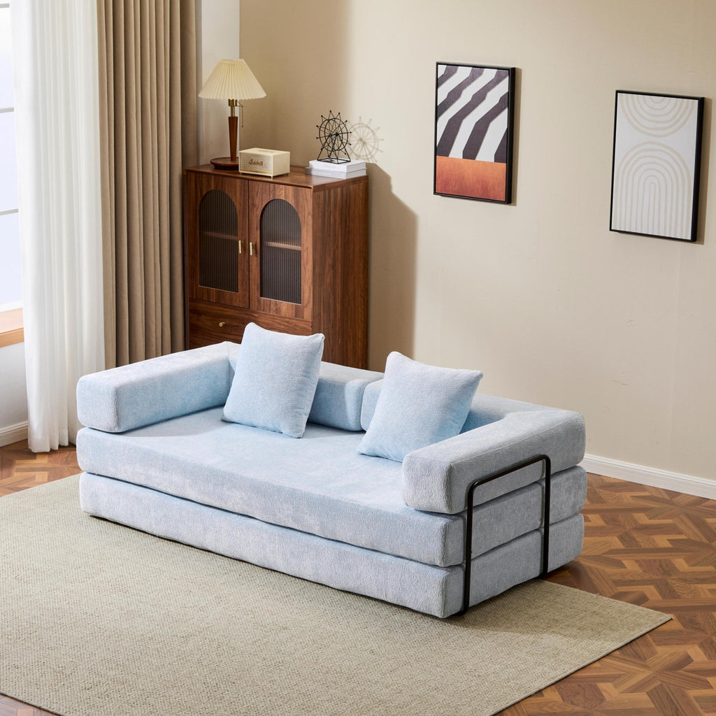 Light blue Anthony & Home chenille convertible floor sofa bed with memory foam cushions, part of the Chenille Collection.