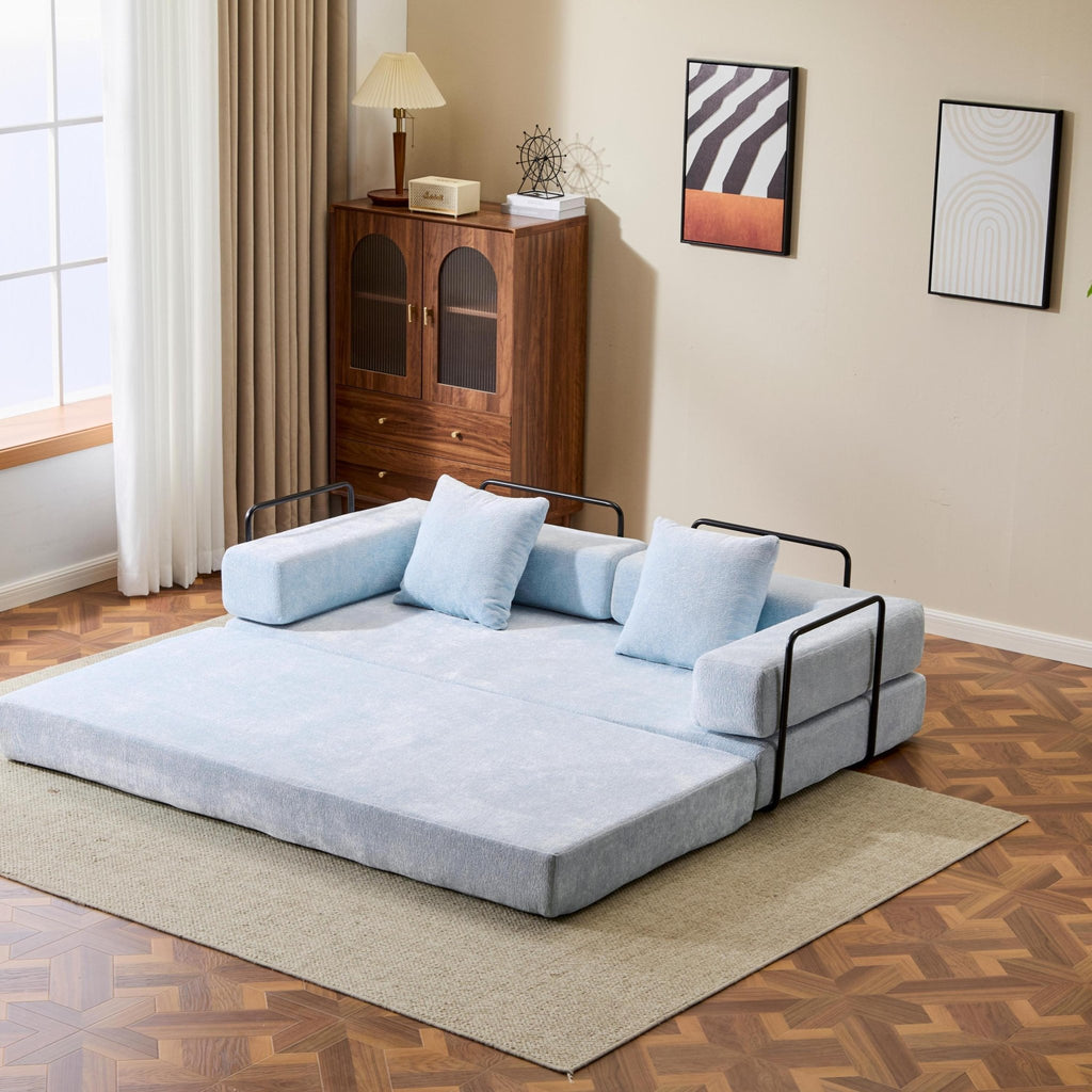 Light blue Anthony & Home Chenille Collection convertible floor sofa bed with memory foam cushions, showcasing its plush design and versatile use.