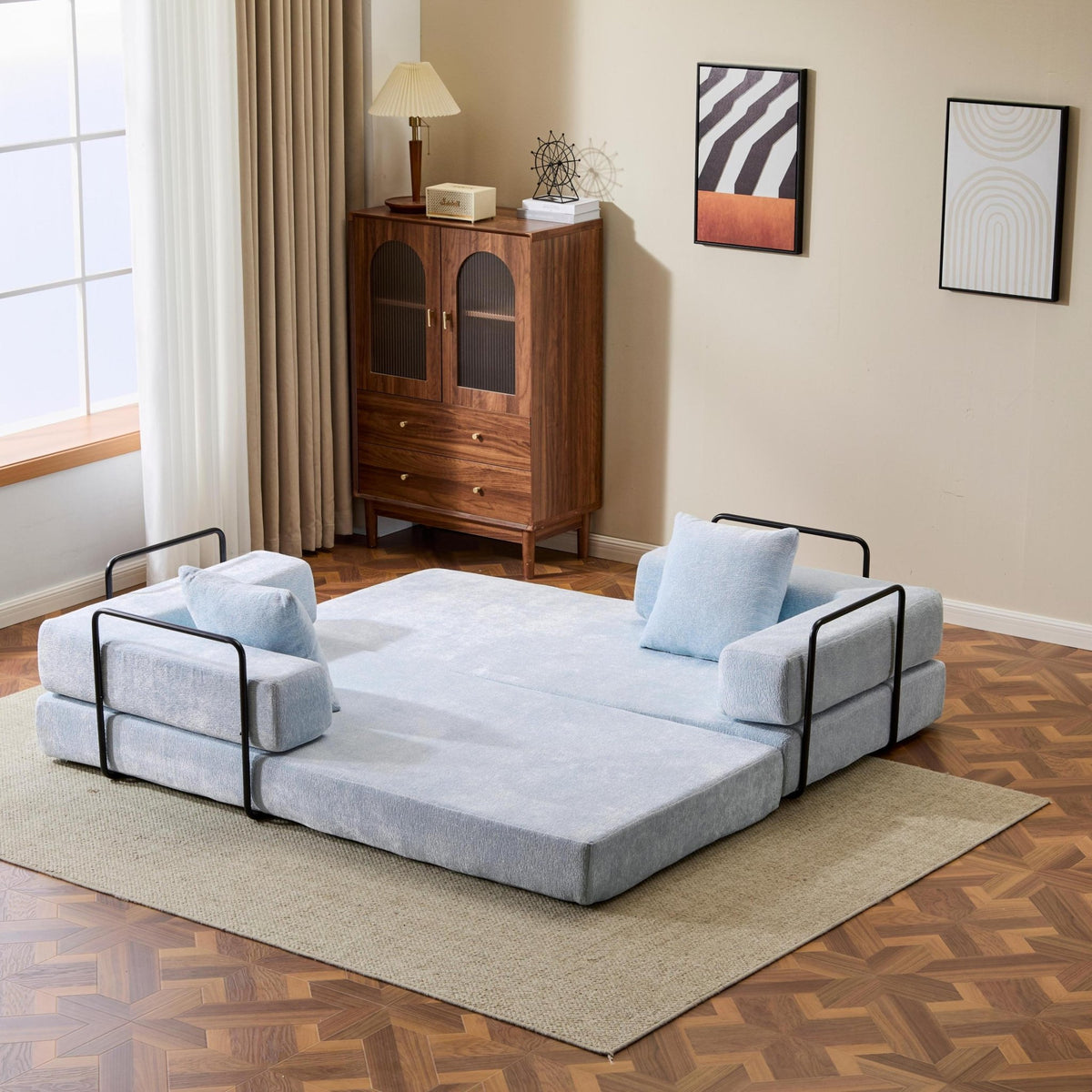 Light blue Anthony & Home Chenille Convertible Floor Sofa Bed with memory foam cushions, showcasing its plush, versatile design.