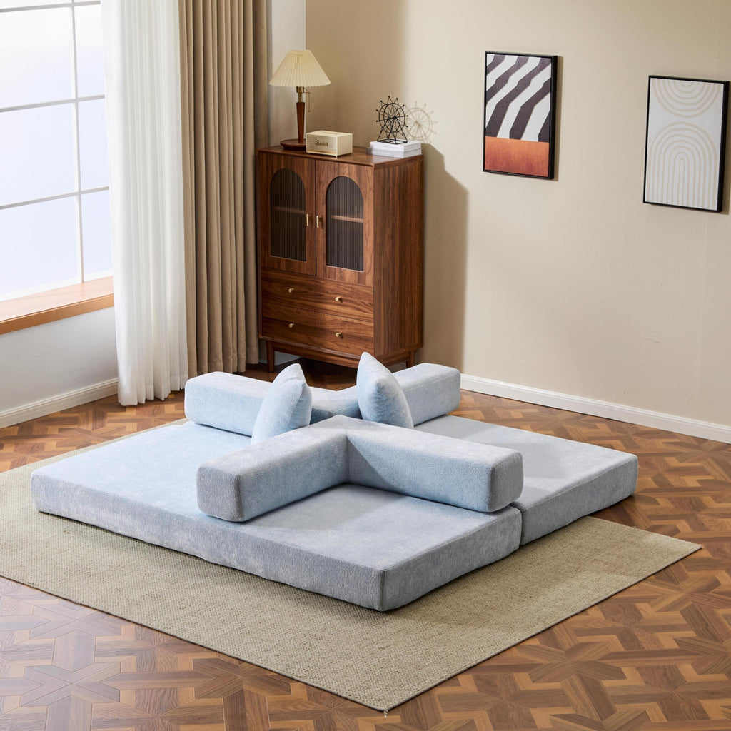 Light blue Anthony & Home Chenille Collection convertible floor sofa bed with plush cushions and memory foam support.