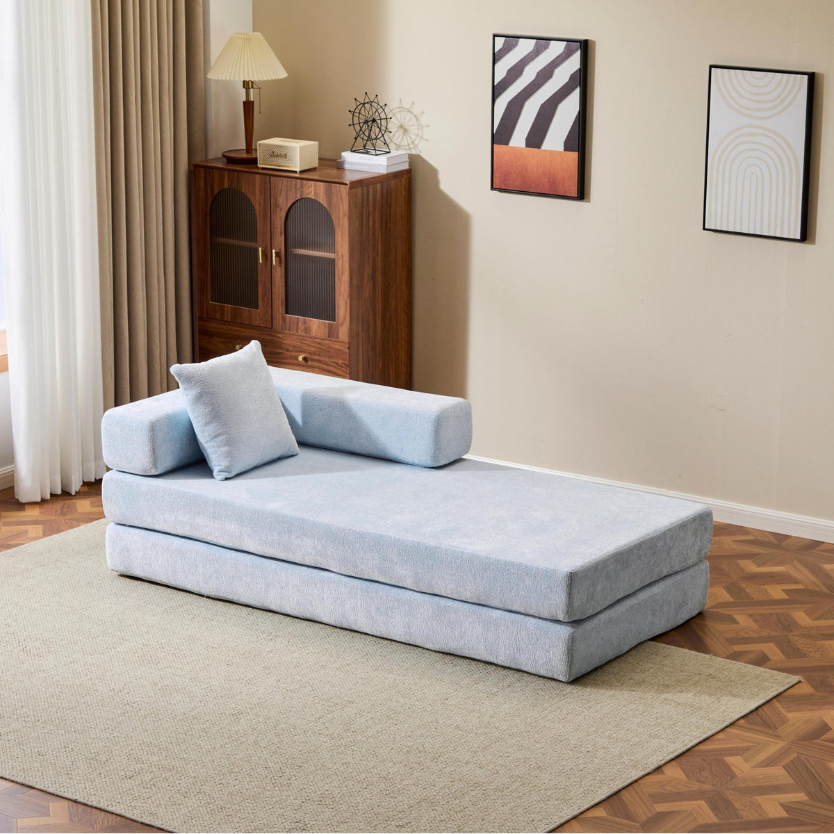 Light blue Anthony & Home Chenille Collection convertible sofa bed with memory foam cushions, stylish floor sofa and bed combo.