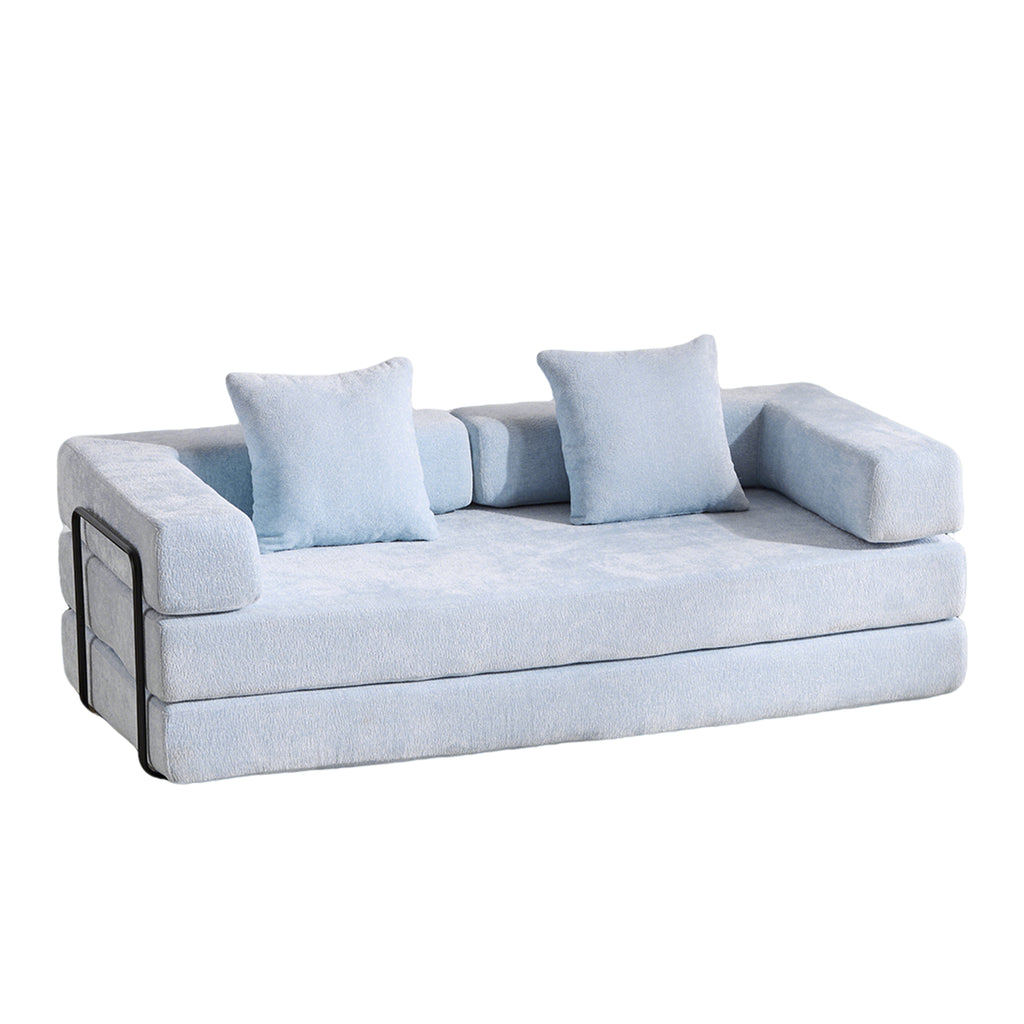 Light blue Anthony & Home Chenille Collection convertible floor sofa bed with memory foam cushions, showing its plush fabric and versatile design.