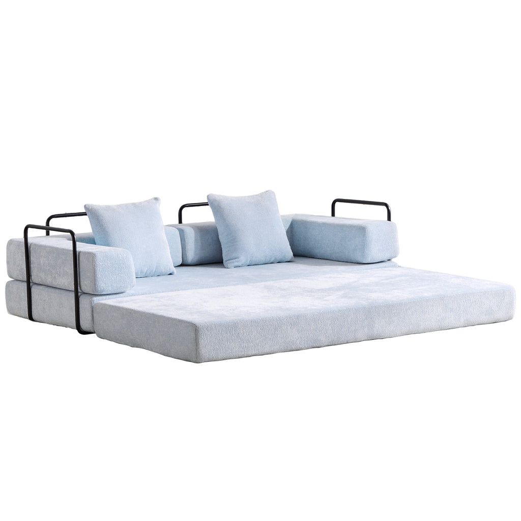 Light blue Anthony & Home Chenille Collection convertible sofa bed with memory foam cushions, shown as a stylish floor sofa bed.