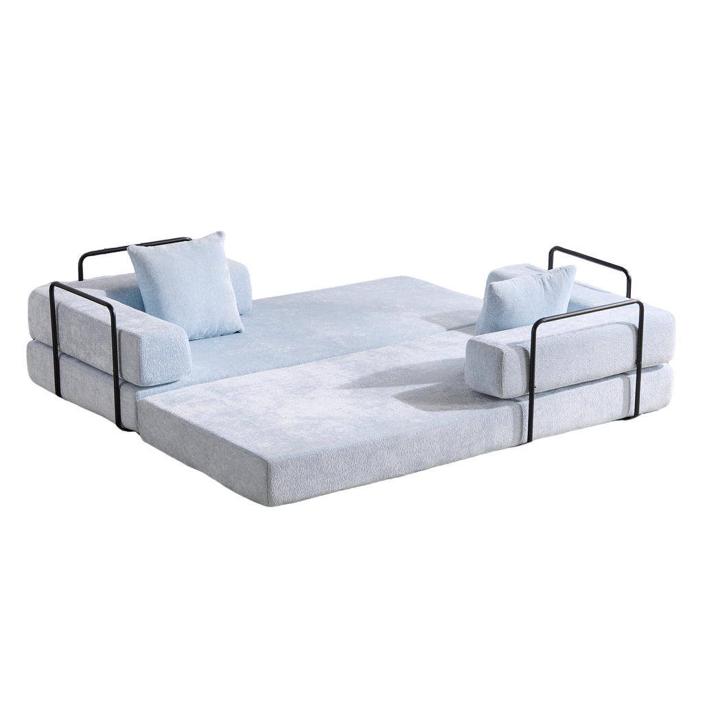Light blue Anthony & Home Chenille Collection convertible floor sofa bed with memory foam cushions, showcasing its cozy, versatile design.