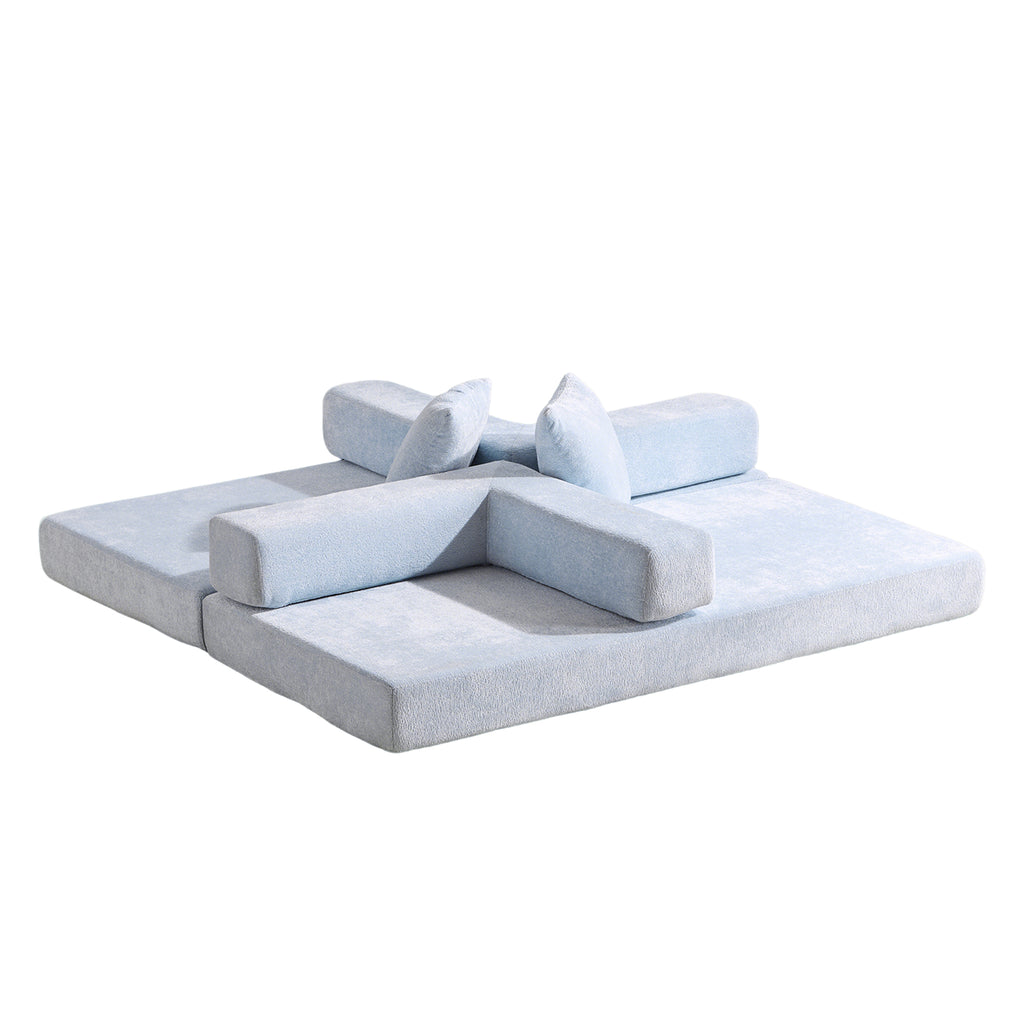 Light blue Anthony & Home Chenille Collection convertible floor sofa bed with memory foam cushions, versatile and comfortable for seating or sleeping.