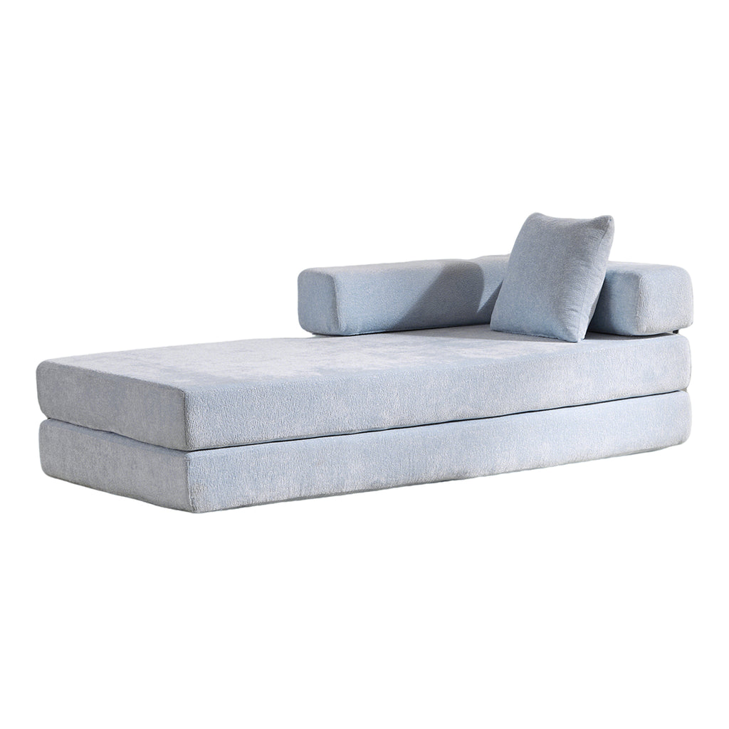 Light blue Anthony & Home Chenille Collection convertible floor sofa bed with memory foam cushions, versatile and comfortable seating option.