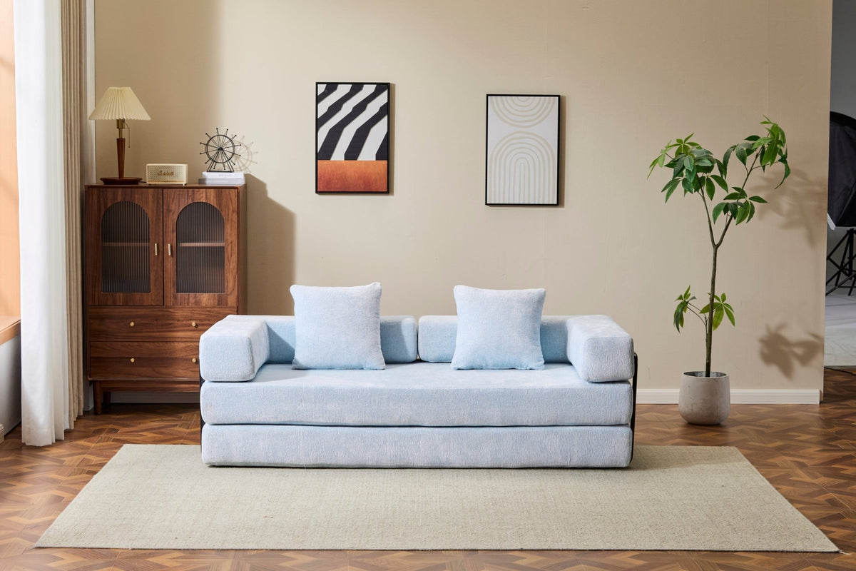 Light blue Anthony & Home Chenille Collection convertible floor sofa bed with memory foam cushions, showing its plush upholstery and versatile design.